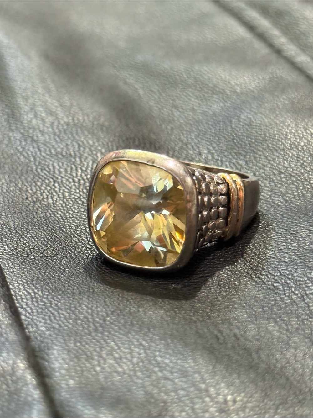 Sterling Silver Ring Two Tone Statement  Cushion Cut Yellow Stone Size 8 - Picture 7 of 13